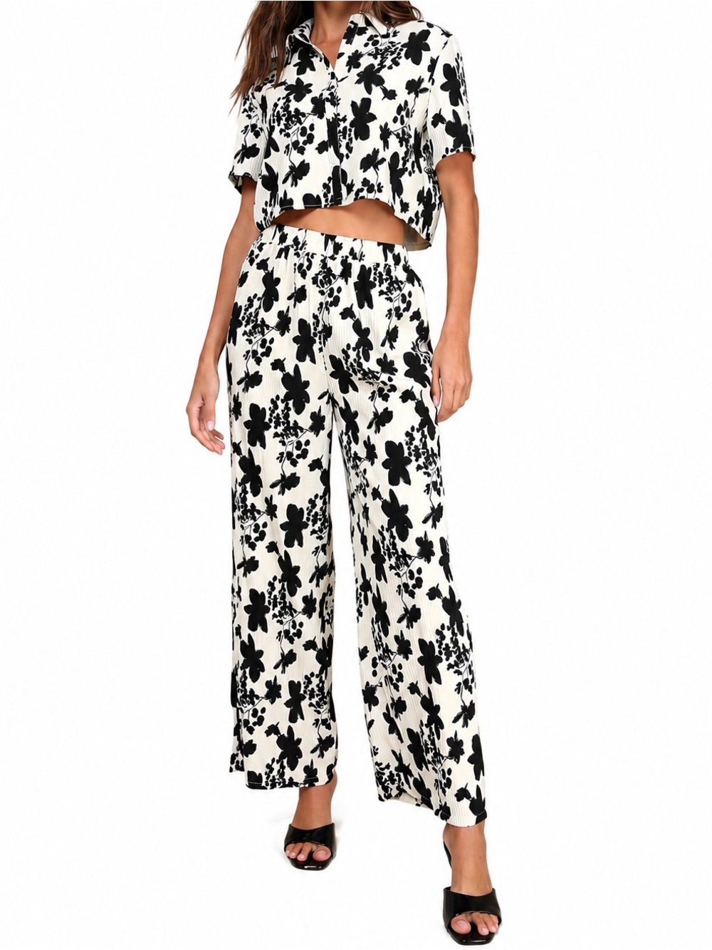 Modern Direction Cream Floral Plisse High Rise Pants Set - black & white